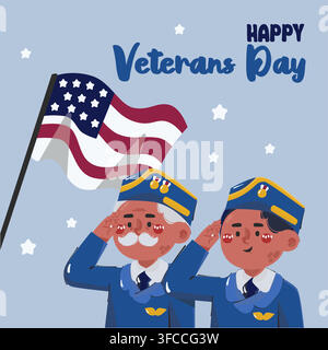 Allegro set vettoriale di soldati che salutano per il Veterans Day Illustrazione Vettoriale