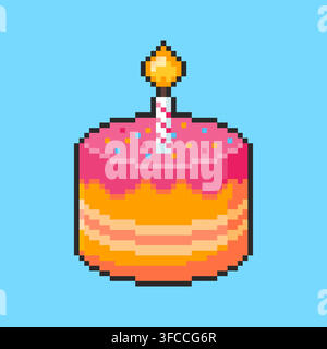 Design di asset di gioco per torta di compleanno in pixel art Illustrazione Vettoriale