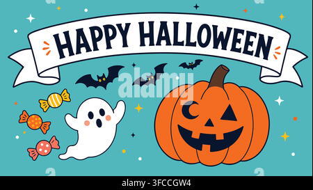 Illustrazione di banner allegro per Halloween con zucca intagliata a forma di lanterna, fantasma carino, pipistrelli volanti e caramelle per Trick or Treat su sfondo blu. Illustrazione Vettoriale
