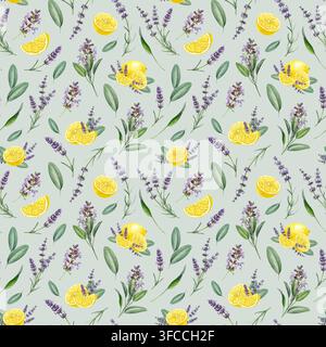 Motivo senza cuciture con limone, foglie di salvia e fiori di lavanda, illustrazione acquerellata. Motivo botanico disegnato a mano per tessuto, carta da parati, imballaggio Foto Stock