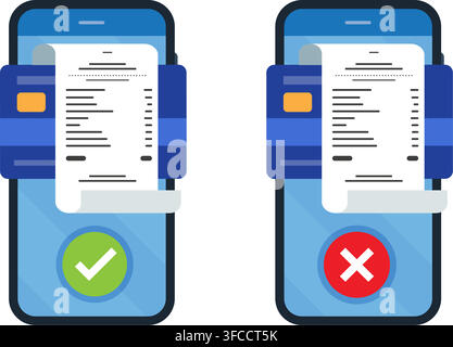 Illustrazione di uno smartphone che mostra una ricevuta cartacea con simboli di successo e fallimento del pagamento con carta sullo schermo Illustrazione Vettoriale