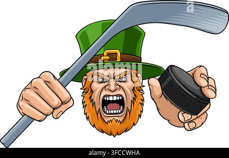 Un personaggio cartonato irlandese celtico Leprechaun arrabbiato che tiene una mazza da hockey e un disco, illustrazione di un mascotte di una squadra di hockey sul ghiaccio. Illustrazione Vettoriale