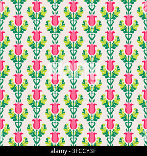 Vettore Botanico Floreale Folkloristico Verde Rosa Illustrazione Vettoriale