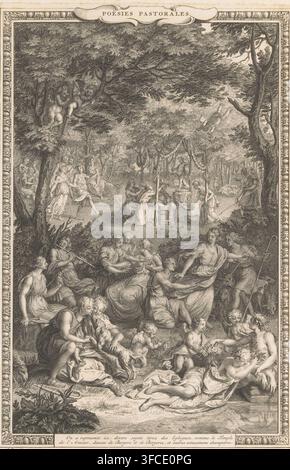 Scena allegorica con pastori e pastorelle, Poësies pastorales, stampa, illustrazione di libro, Scena allegorica con pastori e pastorelle che si divertono in una foresta. In primo piano, una donna che guarda il suo riflesso nell’acqua, una coppia con un cane, pastori e pastorelle che ballano e fanno musica. In lontananza, donne che fanno un sacrificio a Cupido. Nel margine, una didascalia di due righe in francese., incisore: bottega di Bernard Picart, Amsterdam, 1728, carta, incisione, acquaforte, incisione e acquaforte, altezza 290 mm x larghezza 193 mm, (storia di) Cupido, Amore (Eros), Foto Stock