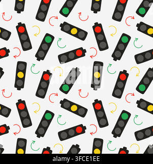 Modello di semaforo e frecce. Luce verde, gialla e rossa. Strada. Segnale di stop, vai e aspetta. Frecce circolari. Regolazione del traffico. Immagine a colori. Drivi Illustrazione Vettoriale