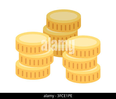 Pile isometriche di monete d'oro. Tesoro. Contanti, denaro e ricchezza. Finanza ed economia. Monetizzazione. Isolato su sfondo bianco. Immagine a colori. Vettore Illustrazione Vettoriale