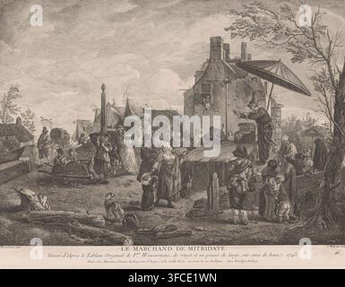 Teatro di villaggio, Le Marchand de Mitridate, Stampe dopo dipinti di Philips Wouwerman, Oeuvres de Ph.pe Wouwermans Hollandois, stampa, Numerato in basso a destra: 46., incisore: Jean Moyreau, Francia, dopo dipinto di Philips Wouwerman, Parigi, concedente del privilegio: Luigi XV di Francia, 1743, carta, acquaforte, incisione, altezza 360 mm x larghezza 477 mm, teatro, rappresentazione teatrale, villaggio, waffle. Un'incisione seppia dettagliata mostra una scena all'aperto vivace con molte persone radunate attorno a una piattaforma di legno rialzata davanti a un edificio in pietra con camini e una piccola finestra da cui si affaccia una figura. Foto Stock