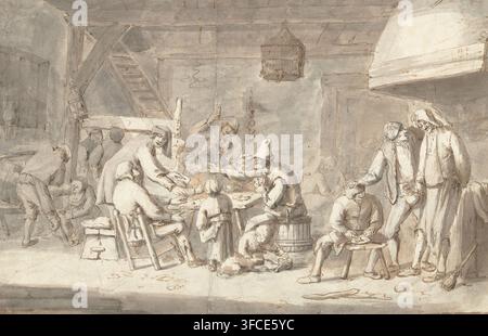 Scena di interno con giocatori di carte, disegno, Disegni olandesi del XVII secolo, disegnatore (artista): Jan Havicksz. Steen, L'Aia (forse), ca. 1650, disegnatore (artista), materiale inorganico, materiali per funzione, carta, inchiostro, gesso, penna, pennello, penna e inchiostro marrone, pennello e inchiostro grigio, su gesso nero, aggiunte successive a pennello e inchiostro grigio e marrone chiaro, forse aggiunte successive a penna e inchiostro marrone scuro, linea di cornice in inchiostro marrone (tagliata al bordo sinistro), altezza 239 mm x larghezza 367 mm, )., Una scena monocroma a inchiostro e acquerello di un interno con soffitto basso e travi a vista mostra una scena affollata Foto Stock