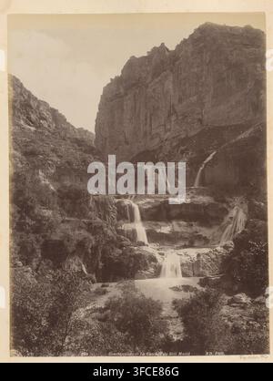 Vista della cascata di Sidi Mecid, Constantine. - La Cascade de Sidi Mecid, pagina di album, fotografia, Questa foto fa parte di un album., numero: '229', fotografo: Étienne Neurdein, c. 1880 - c. 1900, carta, stampa all'albumina, altezza 271 mm x larghezza 207 mm, rocce, cascata, Nord Africa, Algeria., Un alto canyon roccioso con ripide scogliere riempie la scena, mostrando facce rocciose stratificate e sporgenze; una serie di cascate scende su più terrazze in piscine, con l'acqua che scorre su gradini di roccia liscia; vegetazione inclusa alberi e arbusti cresce sui pendii del canyon e vicino all'acqua, formando una densa Foto Stock