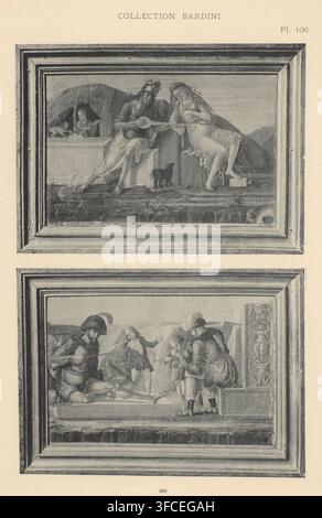 Coppia di dipinti di un gruppo che fa musica, stampa fotomeccanica, numero: 'Pl. 106', Firenze, 1875 - 1930, Toscana, carta, collotipia, fotogravura, altezza 359 mm x larghezza 267 mm, immagine, pittura, più di un musicista con strumento. Un foglio verticale mostra due dipinti rettangolari incorniciati impilati uno sopra l'altro su uno sfondo semplice. Nella scena incorniciata superiore, due figure sedute occupano il primo piano con abiti drappeggiati e pose rilassate, una tiene uno strumento a corde e l'altra tende la mano verso di esso, un piccolo animale scuro si trova tra loro sul terreno, una figura sdraiata è Foto Stock