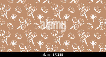Modello senza cuciture di piante di cotone con fiori botanici. Texture di tessuto organico. Stampa tessile naturale. Schizzo minimalista di un ramo fiorito. Vettore Illustrazione Vettoriale