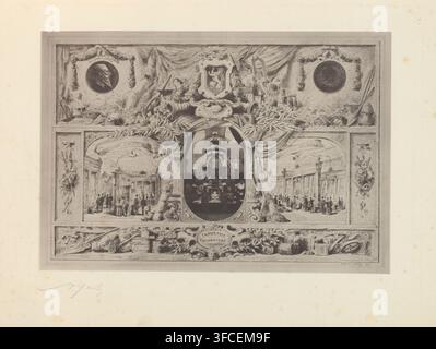 Riproduzione di un'incisione dell'Esposizione Nazionale del 1880 a Bruxelles, circondata da disegni e un ritratto di Léopoldo II, di Armand Heins, riproduzione, pagina, stampa fotomeccanica, nome: 'Heins', Bruxelles, dopo stampa di Armand Heins, 1881 - 1882, Armand Heins, dopo stampa di, carta, collotipia, stampa fotomeccanica, altezza 210 mm x larghezza 307 mm, Persona, Leopoldo II (re dei Belgi), esposizione commerciale, fiera industriale, re, Periodo, 1880., Una stampa rettangolare ornata con un pannello interno incorniciato pieno di incisioni dettagliate; la sezione superiore mostra drappi decorativi, ghirlande, uno stemma centrale Foto Stock