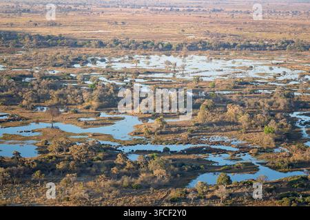 Veduta aerea dei corsi d'acqua e delle pianure del delta dell'Okavango Foto Stock