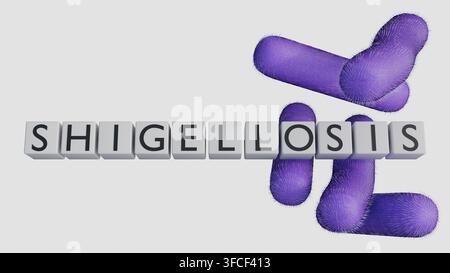 Un blocco 3D "SHIGELLOSIS" sopra bacilli viola a forma di bastoncello di shigella. Una rappresentazione della gastroenterite batterica e della patologia Foto Stock