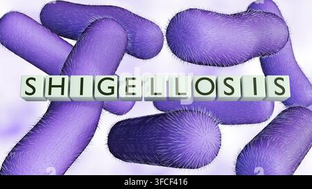 Un blocco 3D "SHIGELLOSIS" sopra bacilli viola a forma di bastoncello di shigella. Una rappresentazione della gastroenterite batterica e della patologia Foto Stock