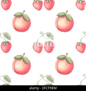 Modello senza cuciture con pesche, fragole. Illustrazione acquerellata dipinta a mano isolata su bianco per tessile, stoffa, packaging, cartoleria, sfondo parete Foto Stock