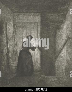 Donna alla porta, stampa, Una donna si trova alla porta e gira la chiave. A destra, scale che portano verso il basso. A sinistra, una scopa è appoggiata contro il muro. Un cappello e un cappotto sono appesi al muro., incisore: Reinier Craeyvanger, Amsterdam, 1822 - 1880, carta, incisione, prova d'inchiostro, larghezza 158 mm x altezza 195 mm, donna adulta, aprire la porta, porta chiusa, arbusti: scopa., Una scena interna debolmente illuminata resa con linee incrociate fini mostra la silhouette di una persona in piedi vicino a una porta, rivolta verso la porta e apparentemente in procinto di afferrare una maniglia; la figura indossa un lungo vestito scuro con una vita definita e ha i capelli corti Foto Stock