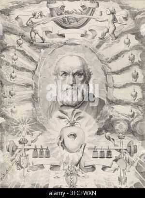 Ritratto di Dirck Volckertsz. Coornhert in una cornice allegorica, stampa, Ritratto di Dirck Volckertsz. Coornhert circondato da dieci cuori ardenti tenuti da mani. Sotto il ritratto un cuore con l'Occhio Onniveggente da cui sporgono spighe di grano. Sopra il ritratto due putti che reggono un ramo di palma. In basso lo stemma della città di Amsterdam, uno stendardo e una bilancia con tre pesi su entrambi i lati. Sopra, a sinistra il sole e a destra la luna., iscrizione: 'Soevis tranquillus', iscrizione: 'Dio è grandemente esaltato dagli scudi, sulla terra. Sal. 47.10', incisore: Theodor Matham, Foto Stock