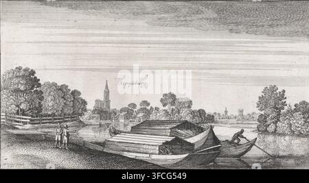 Paesaggio con veduta di Strasburgo, Amoenissimi Aliquot Locorum in Diversis Provincijs Iacetium Prospectus, Paesaggi e vedute di città, stampa, Numero di serie, 2, 12, incisore: Wenceslaus Hollar, Londra, 1630, 1643 - 1644, carta, incisione, altezza 95 mm x larghezza 173 mm, fiume, veduta cittadina e paesaggio con costruzioni artificiali, Strasburgo (Francia). Una scena fluviale resa in un'incisione dettagliata in bianco e nero che mostra un gruppo di barche piatte ormeggiate in primo piano con assi texture e coperture piegate, una piccola barca a remi spinta da una persona con un palo, e due persone in piedi insieme sul Foto Stock