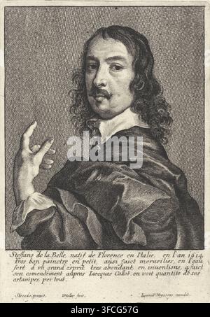 Ritratto di Stefano della Bella, Immagine di diversi uomini di spirito sublime, Ritratti di artisti, stampa, Ritratto dell’artista italiano Stefano della Bella., incisore: Wenceslaus Hollar, Anversa, dopo dipinto di Nicolaes van Helt Stockade, editore: Joannes Meyssens, 1649 - 1670, 1649, carta, incisione, altezza 162 mm x larghezza 113 mm, Persona, Stefano della Bella., Un ritratto inciso monocromo di un uomo mostrato dalla vita in su, leggermente girato verso sinistra e che guarda verso lo spettatore, con capelli ondulati fino alle spalle e un corto baffo; indossa un ampio colletto bianco sotto un abito scuro e voluminoso Foto Stock