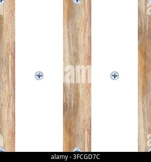 Un motivo minimalista e rustico senza cuciture dipinto a mano in acquerello, caratterizzato da assi verticali in legno marrone chiaro e realistiche viti in acciaio con una Foto Stock