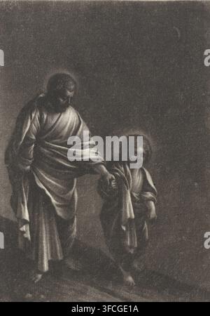 San Giuseppe con il Bambino Gesù, stampa, Giuseppe e il Bambino Gesù camminano lungo una strada al chiaro di luna., incisore: Wallerant Vaillant, dopo un dipinto di Adam Elsheimer, 1658 - 1677, carta, mezzotinta, altezza 135 mm x larghezza 97 mm, chiaro di luna, Giuseppe e il Bambino Gesù, vita quotidiana a Nazaret., Un'immagine monocromatica scura che mostra due figure vestite con abiti che stanno vicine, una figura più alta con la barba e drappi fluenti che scendono fino a terra e tendono un braccio verso una figura più piccola accanto a loro, entrambe le figure hanno deboli aureole intorno alla testa e vestiti testurizzati e ombreggiati che Foto Stock