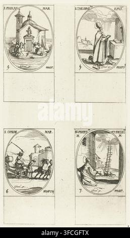 San Foca, San Teofilo, San Conone di Mandona, Santa Perpetua e Santa Felicita di Cartagine (5-7 marzo), Ognissanti e le feste cristiane dell'anno, stampa, Foglio con quattro immagini ovali, ciascuna con iscrizione e data in latino: in alto a sinistra quattro persone su una piccola isola inginocchiate davanti a una statua all'ingresso di una piccola chiesa, in alto a destra San Teofilo che calpesta un uomo davanti a un altare, in basso a sinistra San Conone legato a un carro trainato da due cavalli, in basso a destra Santa Perpetua che vede in una visione una scala difficile da scalare verso il cielo. Questa stampa fa parte di una serie di stampe Foto Stock