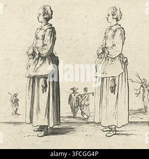 Due volte la stessa donna contadina con le mani giunte, vista dal lato sinistro, Varie figure, Varie figure di Jacopo Callot, stampa, Una donna contadina, con le mani giunte in grembo, raffigurata due volte: a destra come figura lineare, a sinistra più dettagliata con ombreggiature. In fondo, alcune piccole figure e un albero. Questa stampa fa parte di una serie di 16 stampe (15 secondo Lieure, 17 e 16 rispettivamente, inclusa la stampa del titolo) con uomini e donne in varie pose. Queste stampe potrebbero essere state pensate come esempi di disegno., incisore: Jacques Callot, Nancy, 1621 - 1624, Foto Stock