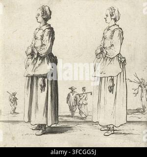Due volte la stessa donna contadina con le mani giunte, vista dal lato sinistro, Varie figure di Jacopo Callot, Varie figure, stampa, Una donna contadina, con le mani giunte davanti al grembo, rappresentata due volte: a destra come figura lineare, a sinistra più dettagliata con ombreggiature. In fondo alcune piccole figure e un albero. Questa stampa fa parte di una serie di 16 stampe (15 secondo Lieure, 17 e 16 rispettivamente incl. il frontespizio) con uomini e donne in varie pose. Queste stampe potrebbero essere state intese come esempi di disegno., incisore: Jacques Callot, Nancy, 1621 - 1624, carta, Foto Stock
