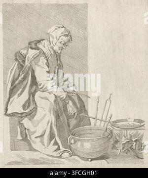 Fornitore di biscotti, stampa, incisore: Pieter de Mare, Leiden, dopo un disegno di Gabriël Metsu, 1768 - 1796, carta, incisione, prova, altezza 243 mm, larghezza 200 mm, vecchia donna, pancake. Una persona anziana che indossa abiti drappeggiati a strati e una copricapo è seduta di lato, le sue mani tengono un lungo utensile che si estende verso una grande pentola arrotondata con manici; alcuni lunghi utensili sottili si appoggiano nelle vicinanze sopra una vasca poco profonda posta su un supporto rialzato, e pezzi di materiale giacciono accanto a una pila di legna da ardere sul pavimento, il tutto rappresentato in un lavoro a tratteggi fini su uno sfondo texture. Foto Stock