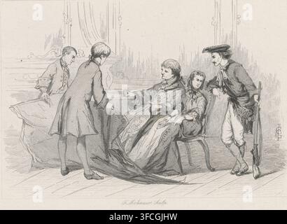 Uomo che guarda una carta da parati dipinta, XVIII secolo, Tableaux vivants eseguiti in occasione del 25° anniversario di Arti et Amicitiae, stampa, Numero di serie, 5, 6, Scena del XVIII secolo: un uomo seduto su una sedia guarda una carta da parati dipinta tenuta davanti a lui dal pittore e dal suo assistente. Parte di una serie di sei rappresentazioni di momenti della storia olandese presentati in tableaux vivants dai membri di Arti et Amicitiae ad Amsterdam il 2 dicembre 1864., incisore: Frans Molenaar (1821-1886), Amsterdam, dopo un disegno di Johan Conrad Greive, 1864, carta, incisione, roulette, Foto Stock
