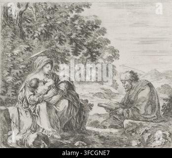Riposo durante la fuga in Egitto, stampa, Maria allatta il Bambino Gesù e Giuseppe legge un libro., incisore: Stefano della Bella, Italia, editore: Pierre Mariette (I), 1620 - 1664, sconosciuto, concedente del privilegio, carta, incisione, altezza 155 mm x larghezza 180 mm., Un'incisione monocroma dettagliata mostra una donna seduta che tiene un bambino tra le braccia mentre un uomo inginocchiato nelle vicinanze tiene un libro aperto, entrambe le figure circondate da abiti drappeggiati e tessuti fluenti; lo sfondo presenta una fitta vegetazione con grandi alberi a foglia e un paesaggio lontano leggermente abbozzato, e c'è un cagnolino accucciato per terra Foto Stock