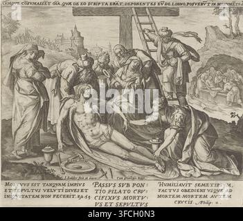 Passvs svb Pontio Pilato crucifixvs mortvvs et sepvltvs, Lamentazione di Cristo: 'che ha sofferto sotto Ponzio Pilato, è stato crocifisso, è morto ed è stato sepolto', Credo Apostolico, stampa, Il quarto articolo di fede: la credenza nella morte di Cristo sulla croce. La stampa mostra la Vergine Maria e altri che piangono sul corpo morto di Cristo, che è stato deposto dalla croce. Sullo sfondo a destra, Cristo viene deposto in una tomba. La stampa presenta un'iscrizione latina con una citazione biblica che si riferisce alla storia biblica raffigurata e una didascalia latina riguardante il Credo Apostolico. Il quarto Foto Stock