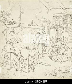 Interno di una locanda, stampa, Cinque uomini sono seduti in una locanda accanto al camino. Un sesto uomo è in piedi con la schiena rivolta al camino per scaldarsi. Gli uomini fumano pipe e chiacchierano tra loro. Un servo sta camminando verso la finestra. Un piccolo cane dorme sul pavimento tra due sedie., incisore: Anthonie van den Bos, Paesi Bassi, dopo un disegno di Adriaen van Ostade, 1778 - 1838, carta, incisione, disegno stampato, linee di contorno in incisione, altezza 250 mm x larghezza 228 mm, pipa, tabacco, camino, hotel, locanda, locanda (+ quattro persone o più, traffico e trasporto)., Un disegno a linea di un Foto Stock