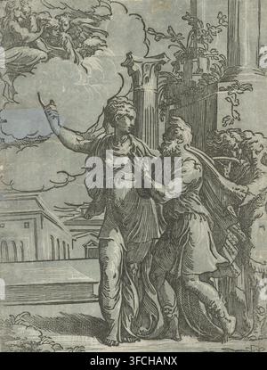 Imperatore Augusto e la Sibilla Tiburtina, stampa, La Sibilla Tiburtina mostra all'Imperatore Augusto l'apparizione di un angelo con Maria e il Bambino Gesù nel cielo. Due uomini a destra come testimoni., stampatore: Antonio da Trento, Italia, dopo disegno di Parmigianino, 1528 - 1530, carta, xilografia chiaroscuro, xilografia chiaroscuro in nero e blu, stampato da un blocco di linea in legno e da un blocco di tono in legno, altezza 346 mm x larghezza 262 mm, Persona, Augusto (Imperatore dell'Impero Romano), la Sibilla Tiburtina e Augusto: la Sibilla rivela all'imperatore una visione della Madonna in cielo, Madonna: Foto Stock