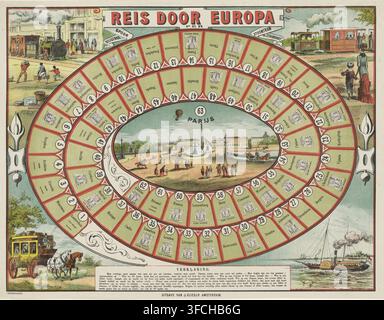 Viaggio attraverso l'Europa, con treno, carrozza postale, tram a vapore e battello a vapore, stampa, stampa popolare, tabella da gioco, gioco da tavolo con caselle numerate da 1 a 63, disposte a spirale. Le caselle presentano raffigurazioni di edifici di varie città europee, con talvolta i dati demografici sotto. Al centro, una veduta di Parigi (Place de la Concorde). Nei quattro angoli del gioco, un treno a vapore, una carrozza postale o carrozza da viaggio, un battello a vapore e un tram a vapore. Sotto al centro, le regole del gioco in stampa a lettera; sopra al centro, il titolo su uno stendardo. Editore: Jan Vlieger, Amsterdam, c. 1885, carta Foto Stock