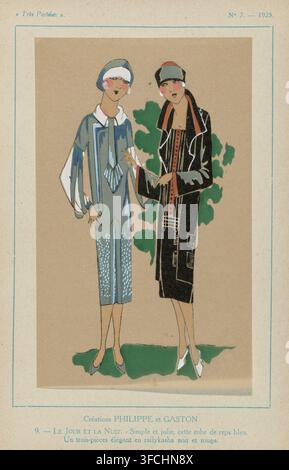 Très Parisien, 1925, No. 7, Pl. 9: Créations PHILIPPE et GASTON - LE JOUR ET LA NUIT, stampa di moda, Due design della casa di moda Philippe et Gaston: vestito in velluto blu. Tre pezzi in raylikasha rosso e nero. Stampa dalla rivista di moda Très Parisien...La Mode, Le Chic, L'Élégance (1920-1936), didascalia: 'Créations PHILIPPE et GASTON 9. - LE JOUR ET LA NUIT. - Semplice e grazioso, questo vestito in reps blu. Un three-pieces elegante e raylikasha nero e rosso.', editore: GP. Joumard, Parigi, GP. Joumard, editore, carta, gouache au pochoir, zincografia, colorazione a mano Foto Stock
