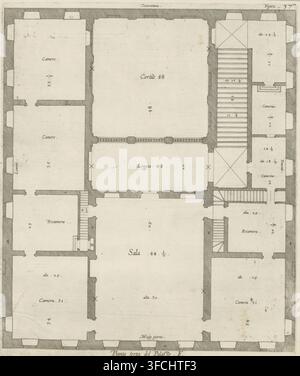Pianta del primo piano del Palazzo Spinola a Genova, Pianta terza del Palazzo. F, stampa, pagina di album, Questa stampa fa parte di un album., incisore: Nicolaes Ryckmans, Anversa, editore: Peter Paul Rubens, concedente del privilegio: corona spagnola, 1622, carta, incisione, altezza 287 mm x larghezza 240 mm, piccolo palazzo in città - AA - architettura civica: interno, Genova, Palazzo Spinola., Una piantina architettonica a vista dall’alto disegnata con inchiostro nero fine su carta invecchiata, che mostra stanze rettilinee e cortili aperti delimitati da muri spessi in ombra e linee interne sottili, con scale, porte e Foto Stock