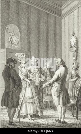 Un uomo indica un orologio a un gruppo, stampa, incisore: Reinier Vinkeles (I), Amsterdam, 1780, carta, acquaforte, incisione, altezza 210 mm x larghezza 148 mm, cuneo, orologio, indice in avanti, indicando, indicazione., Una scena interna incisa mostra diverse persone elegantemente vestite riunite in una stanza con alte pareti pannellate e un alto cornicione, un orologio montato sul muro vicino a un angolo, e una cupola espositiva con un busto scolpito e uno scudo inseriti in una nicchia. Una donna in un abito voluminoso e un’acconciatura alta si trova vicino al centro tenendo un ventaglio e un lungo mantello, di fronte a un uomo che indossa un cappotto e dei calzoni, che Foto Stock