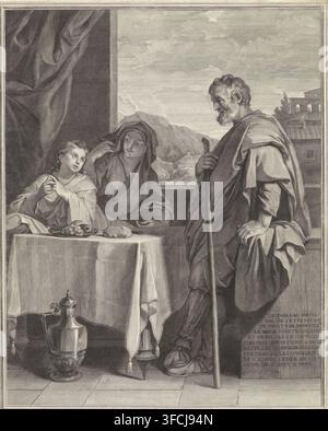 Sacra Famiglia, stampa, Cristo siede a tavola con Maria e guarda Giuseppe, che è appoggiato a un piedistallo. Attraverso la finestra, una vista su un paesaggio montano. Sul piedistallo, un testo francese di dieci righe., incisore: Gerard Edelinck, Parigi, dopo un dipinto di Charles Le Brun, 1704, carta, incisione, gravura, altezza 557 mm x larghezza 408 mm, e rappresentazioni derivate., Una scena monocroma mostra tre figure radunate attorno a un tavolo drappeggiato con un panno, con una giovane persona seduta a sinistra che tiene un oggetto e guarda verso il centro, una figura velata accanto a loro con una mano sollevata verso il velo e Foto Stock