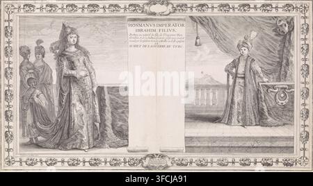 Ritratto di Mehmet IV, stampa, figlio del sultano Ibrahim I dell'Impero Ottomano, in giovane età. A sinistra sua madre. Un servo tiene il suo strascico. Dietro di lui ci sono due donne. L'immagine è incorniciata in una cornice ornamentale., incisore: Theodor van Merlen (II), Anversa, 1646, carta, incisione, altezza 325 mm x larghezza 590 mm, Persona, Mehmet IV (Sultano dell'Impero Ottomano), sovrano, capo di stato, copricapo: turbante., Una vasta scena incisa incorniciata da bordi decorativi mostra due gruppi separati che si fronteggiano su una colonna centrale vuota. A sinistra, una donna alta in un abito fluido ornato con motivi Foto Stock