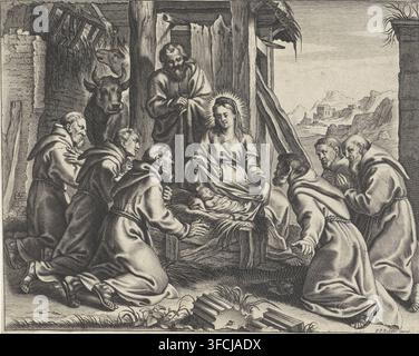 Adorazione del Bambino Gesù da parte di monaci, stampa, Maria è seduta accanto a Cristo, che giace nella mangiatoia, e lo mostra a un gruppo di monaci inginocchiati. Giuseppe osserva. Dietro di lui il bue e l'asino. In lontananza un paesaggio montano., Paesi Bassi, dopo un disegno di Peter Paul Rubens, Anversa, 1598 - 1690, incisore, carta, incisione, acquaforte, altezza 161 mm x larghezza 201 mm, monaco/i, frate/i, adorazione del Bambino Gesù, nascita di Cristo., Un'incisione monocroma mostra un gruppo di figure vestite di abiti raccolte intorno a un neonato che giace in una mangiatoia, con una donna seduta accanto al bambino e un uomo barbuto in piedi Foto Stock