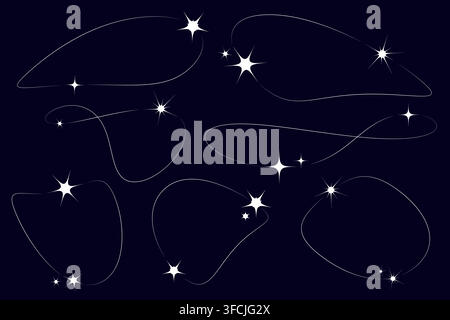 Set Stelle bianche, estetica lineare Y2K su sfondo scuro. Brillante. Collezione Forma astratta. Glitter, Scintille con contorno disegnato a gessetto. Lucciole di magia Illustrazione Vettoriale
