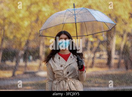 Bella giovane femmina in autunno cappotto in piedi in pioggia con ombrello e indossare maschera antivirale Foto Stock