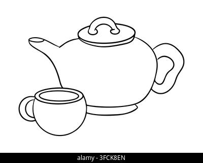 Teiera e tazza a contorno. Immagine lineare. Pagina da colorare per tea party. Bollitore e tazza in ceramica. Stoviglie a contorno. Set da tè. Stile doodle semplice. Bianco e nero c Illustrazione Vettoriale