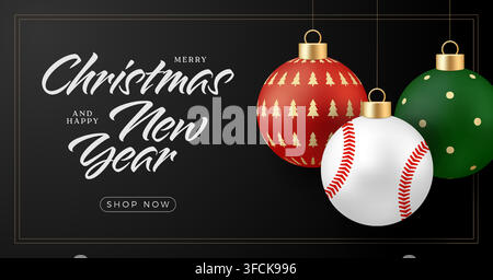 Banner di Natale con tema baseball con auguri di Buon Natale e Buon Anno che mostra un ornamento di baseball unico per gli appassionati di sport, celebrando le festività con gioia Illustrazione Vettoriale