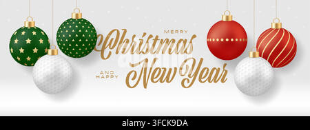 Golf Natale Banner elegante di Natale e Capodanno con ornamenti sospesi festivi per auguri di festa.. Illustrazione Vettoriale