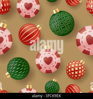 Biglietto di Natale a poker. Motivo senza cuciture di ornamenti natalizi eleganti con palline e cuori festosi che creano uno sfondo di design festivo allegro.. Illustrazione Vettoriale