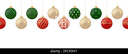 Palla di Natale in pallavolo. Ornamenti natalizi vivaci e palline di Natale in pallavolo appese senza cuciture come decorazione festiva per il bordo delle feste. Illustrazione Vettoriale