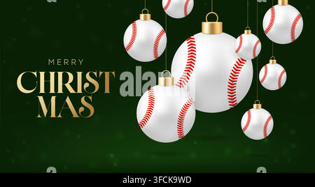 Baseball Natale. Ornamenti di baseball festivi appesi con grazia accanto a un elegante testo dorato « Buon Natale » su uno sfondo verde scuro. Illustrazione Vettoriale